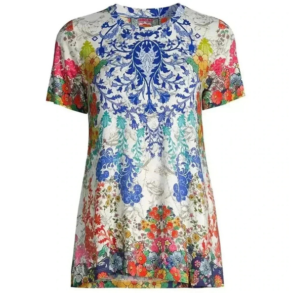 Johnny Was NWT Shellinay Favorite Short Crew Swing Shirt Tee Colorful Floral SM - Picture 2 of 11